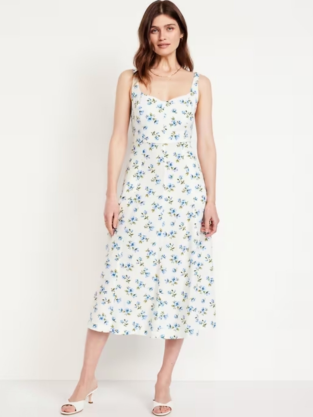 NWOT Fit & Flare Sleeveless Linen-Blend Midi Dress - White Floral Print